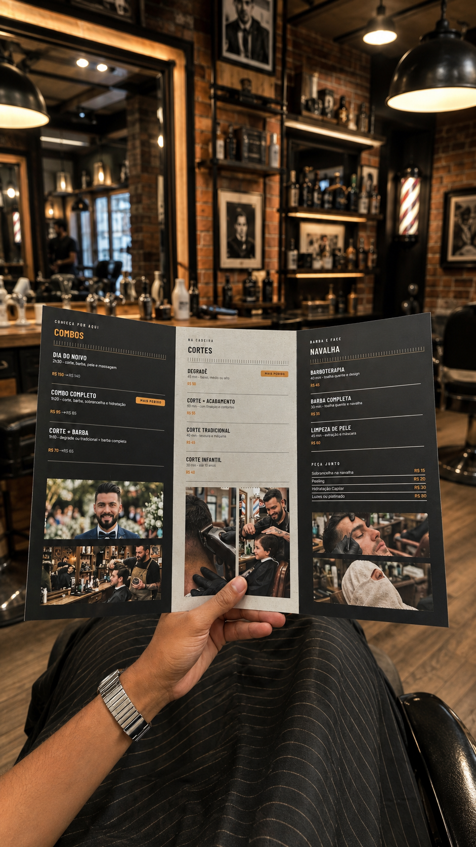 Menu de serviços sendo usado na barbearia
